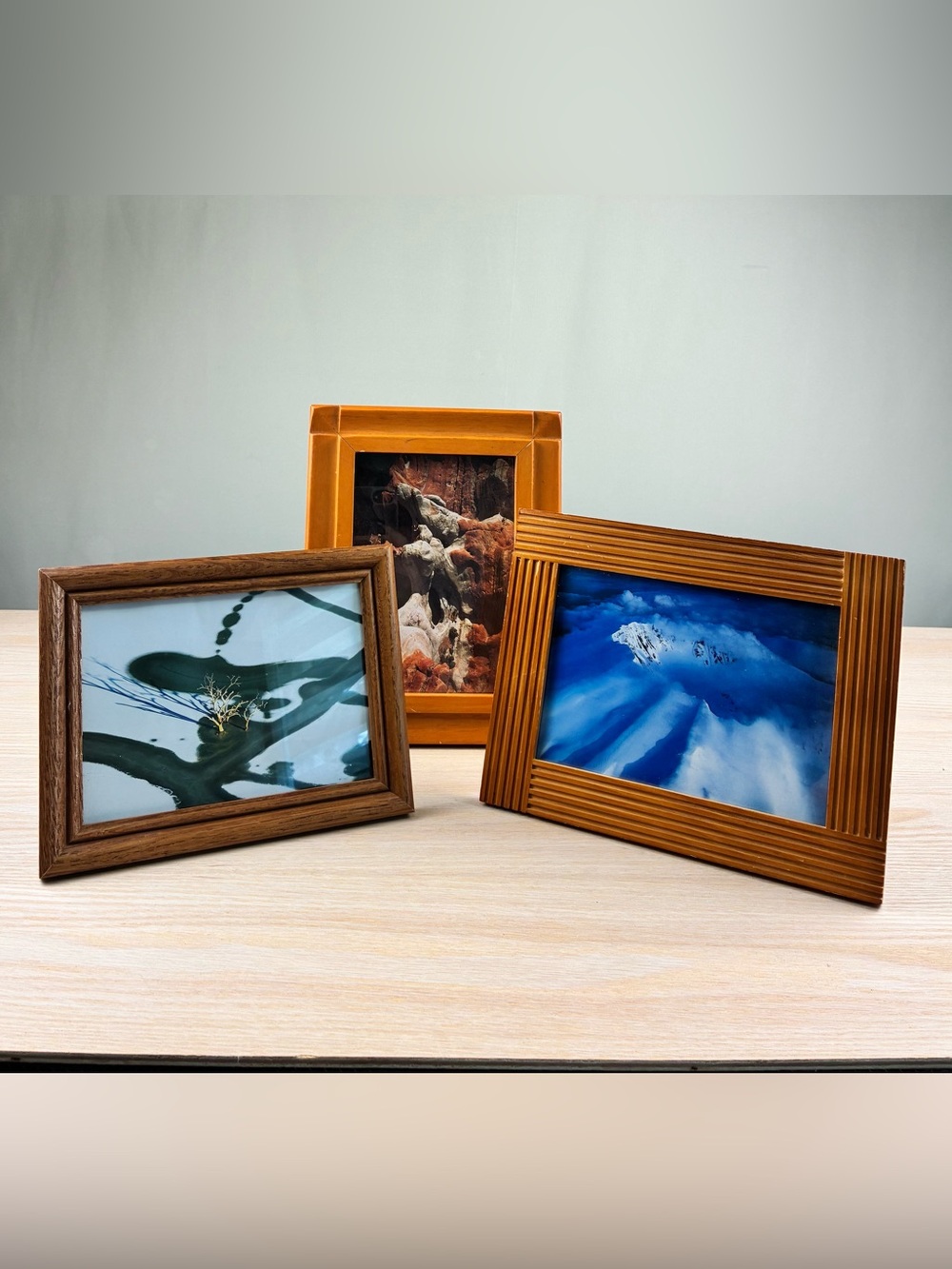 Vintage Wood Picture Frames Set of 3 with Landscape Photo Prints
